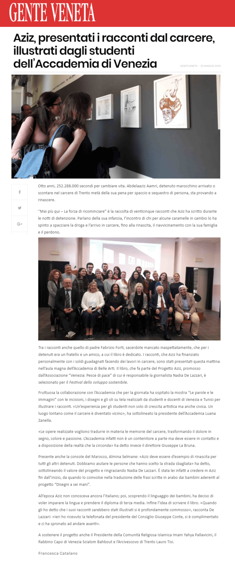 GENTE VENETA - 23 maggio 2019 - Progetto Aziz - Venezia Pesce di Pace